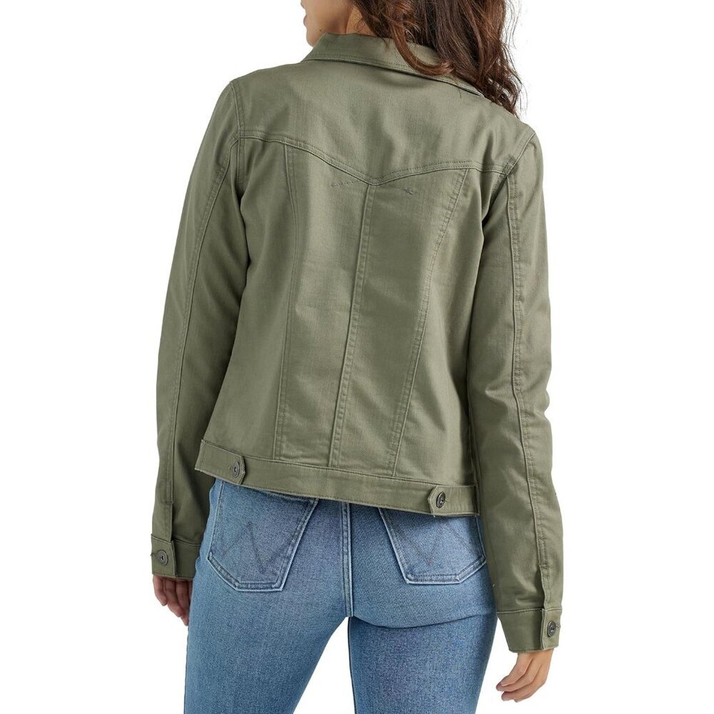 Women's Authentic Stretch Denim Jacket Long Sleeves Olive Classic Jean Jacket - Picture 2 of 4